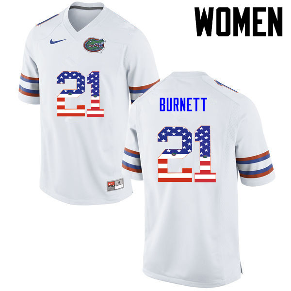 Women Florida Gators #21 McArthur Burnett College Football USA Flag Fashion Jerseys-White - Click Image to Close